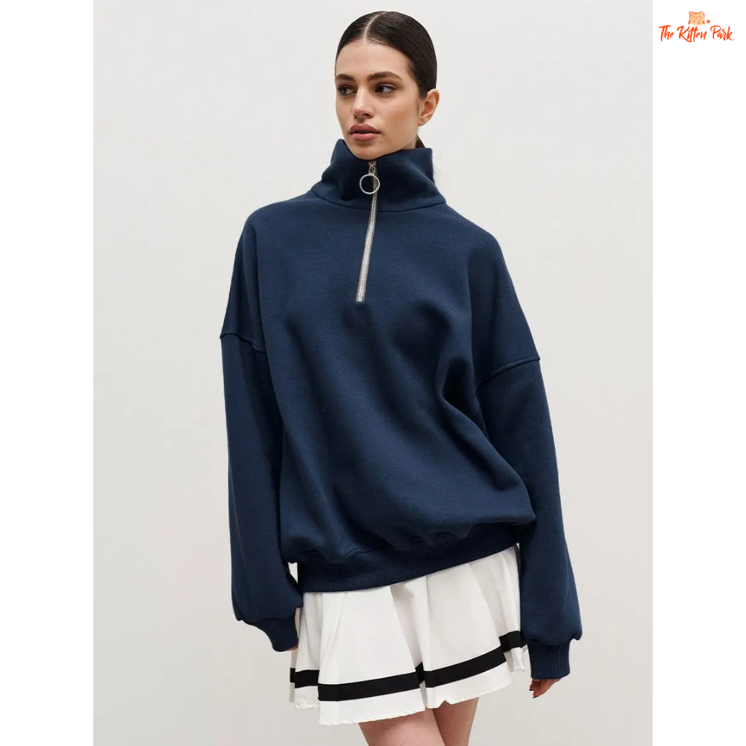 Thick warm loose sweatshirt for women with wool liner, stand collar, drop sleeves, and oversized fit — casual autumn/winter pullover in cotton-polyester blend.