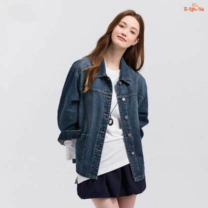 A women’s casual elegant denim jacket with a loose fit, lapel turn-down collar, drop shoulders, full sleeves, and pockets – ideal for spring wear.