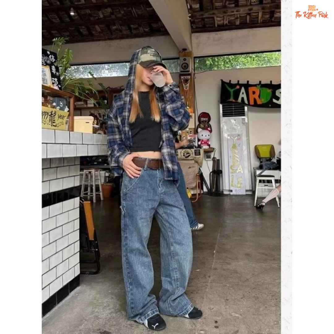 Plaid hooded shirt for women featuring a loose Harajuku fit, full sleeves, single-breasted closure, and cotton blend fabric ideal for spring layering.