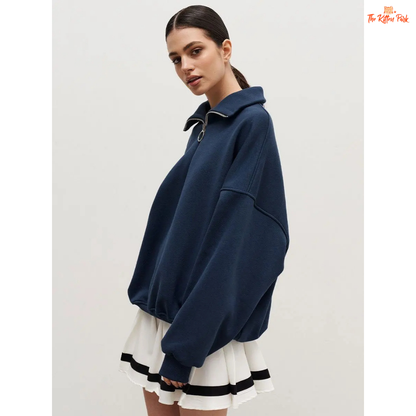 Thick warm loose sweatshirt for women with wool liner, stand collar, drop sleeves, and oversized fit — casual autumn/winter pullover in cotton-polyester blend.