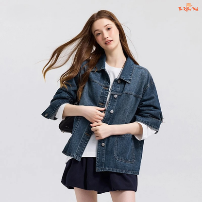 A women’s casual elegant denim jacket with a loose fit, lapel turn-down collar, drop shoulders, full sleeves, and pockets – ideal for spring wear.
