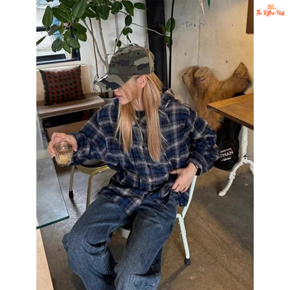Plaid hooded shirt for women featuring a loose Harajuku fit, full sleeves, single-breasted closure, and cotton blend fabric ideal for spring layering.