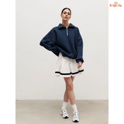 Thick warm loose sweatshirt for women with wool liner, stand collar, drop sleeves, and oversized fit — casual autumn/winter pullover in cotton-polyester blend.
