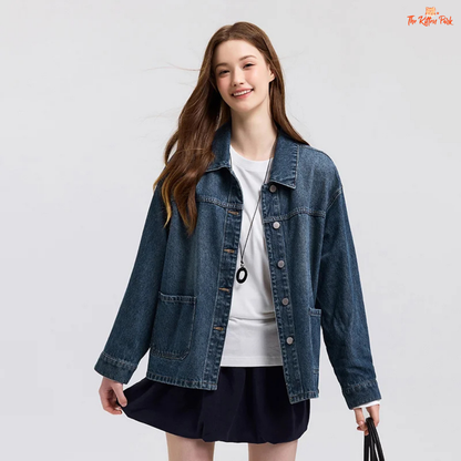 A women’s casual elegant denim jacket with a loose fit, lapel turn-down collar, drop shoulders, full sleeves, and pockets – ideal for spring wear.