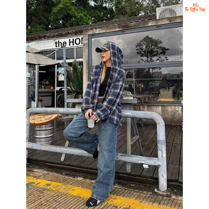Plaid hooded shirt for women featuring a loose Harajuku fit, full sleeves, single-breasted closure, and cotton blend fabric ideal for spring layering.