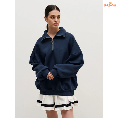 Thick warm loose sweatshirt for women with wool liner, stand collar, drop sleeves, and oversized fit — casual autumn/winter pullover in cotton-polyester blend.