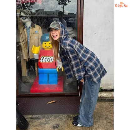 Plaid hooded shirt for women featuring a loose Harajuku fit, full sleeves, single-breasted closure, and cotton blend fabric ideal for spring layering.