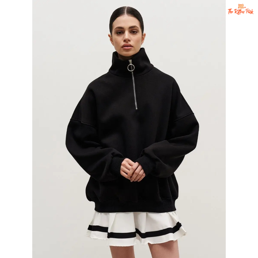 Thick warm loose sweatshirt for women with wool liner, stand collar, drop sleeves, and oversized fit — casual autumn/winter pullover in cotton-polyester blend.