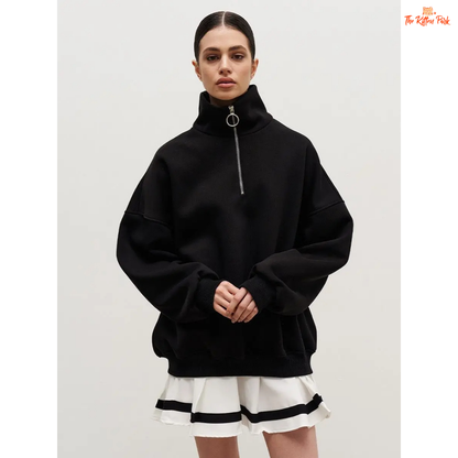 Thick warm loose sweatshirt for women with wool liner, stand collar, drop sleeves, and oversized fit — casual autumn/winter pullover in cotton-polyester blend.
