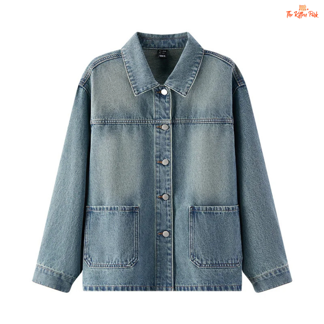 A women’s casual elegant denim jacket with a loose fit, lapel turn-down collar, drop shoulders, full sleeves, and pockets – ideal for spring wear.