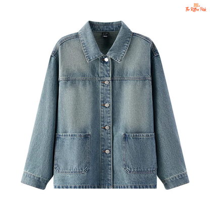 A women’s casual elegant denim jacket with a loose fit, lapel turn-down collar, drop shoulders, full sleeves, and pockets – ideal for spring wear.