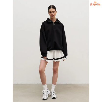 Thick warm loose sweatshirt for women with wool liner, stand collar, drop sleeves, and oversized fit — casual autumn/winter pullover in cotton-polyester blend.