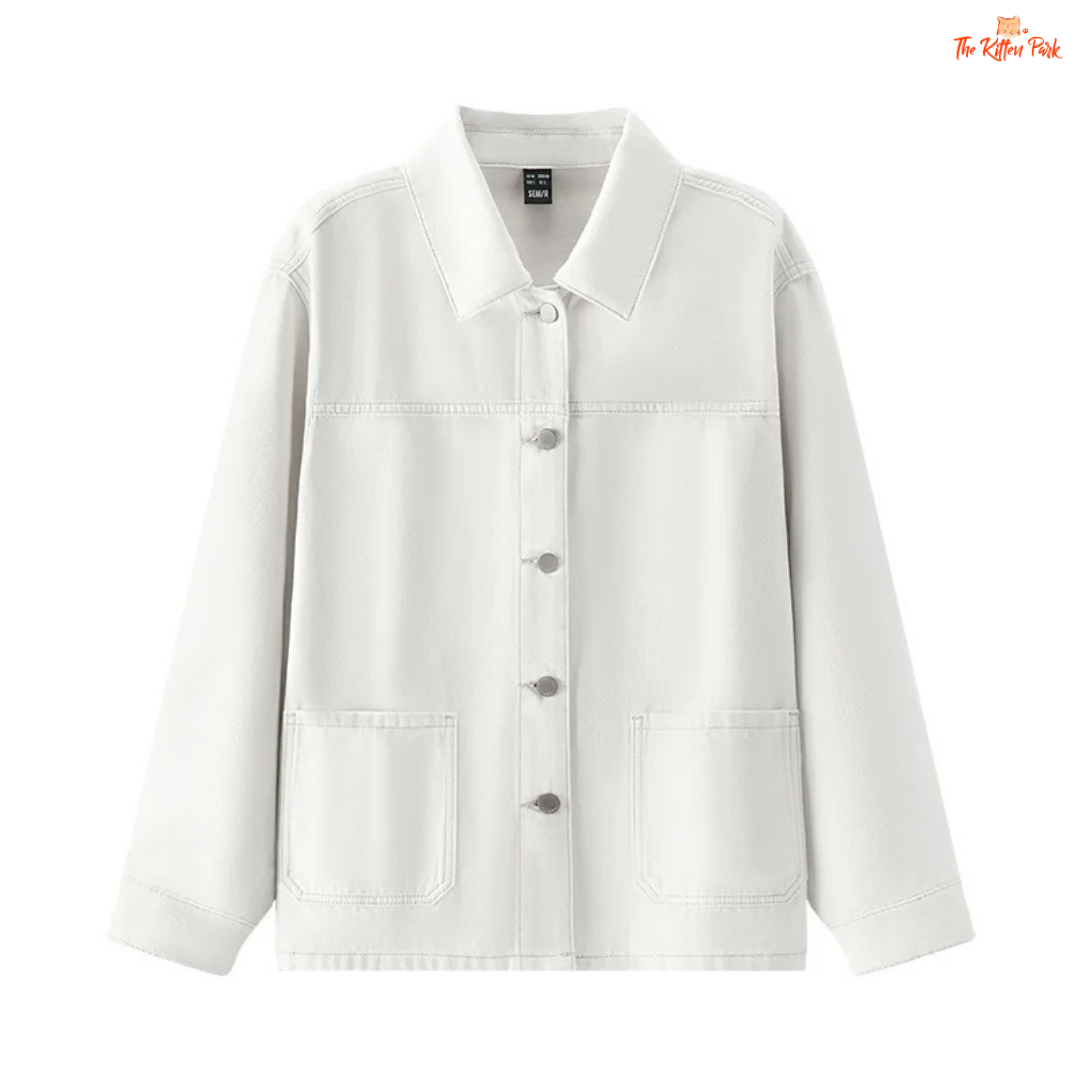 A women’s casual elegant denim jacket with a loose fit, lapel turn-down collar, drop shoulders, full sleeves, and pockets – ideal for spring wear.