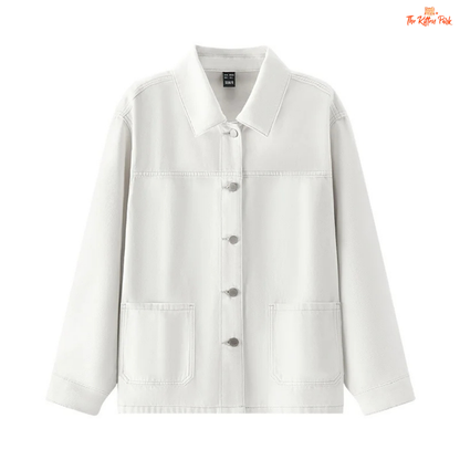 A women’s casual elegant denim jacket with a loose fit, lapel turn-down collar, drop shoulders, full sleeves, and pockets – ideal for spring wear.