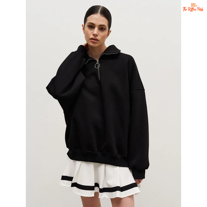 Thick warm loose sweatshirt for women with wool liner, stand collar, drop sleeves, and oversized fit — casual autumn/winter pullover in cotton-polyester blend.