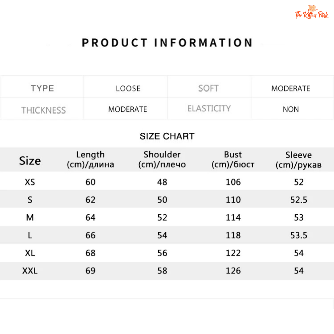 Size chart for clothing with measurements in centimeters