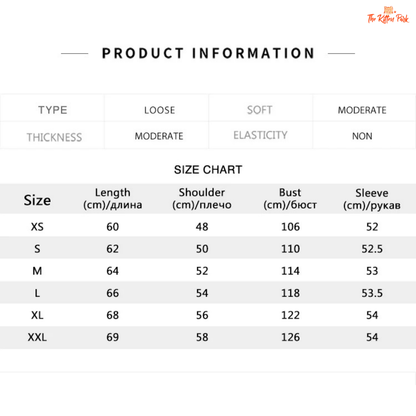 Size chart for clothing with measurements in centimeters