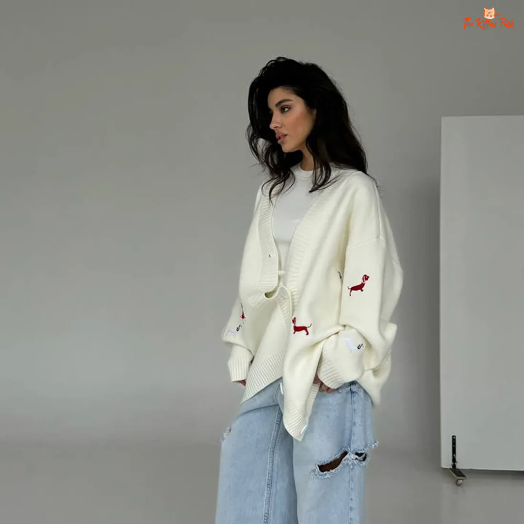 V-Neck Cardigan for Women – Elegant Single-Breasted Knit Sweater 2026 Autumn with printed knit fabric, button closure, and casual loose fit.