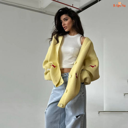 V-Neck Cardigan for Women – Elegant Single-Breasted Knit Sweater 2026 Autumn with printed knit fabric, button closure, and casual loose fit.