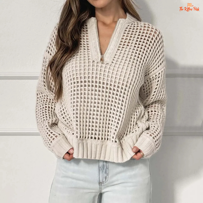 Beige V-neck hollow-out knit sweater with zipper front, loose fit and stylish streetwear design for women.