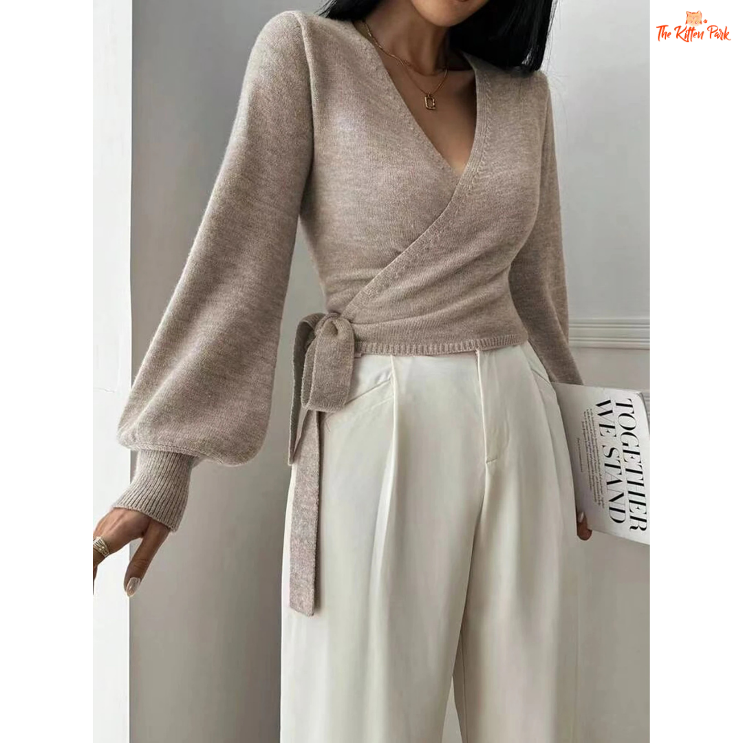 Women’s V-neck lace-up knitted cardigan sweater featuring a short fit, open stitch design, and khaki knit fabric for cozy autumn-winter wear.