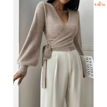 Women’s V-neck lace-up knitted cardigan sweater featuring a short fit, open stitch design, and khaki knit fabric for cozy autumn-winter wear.