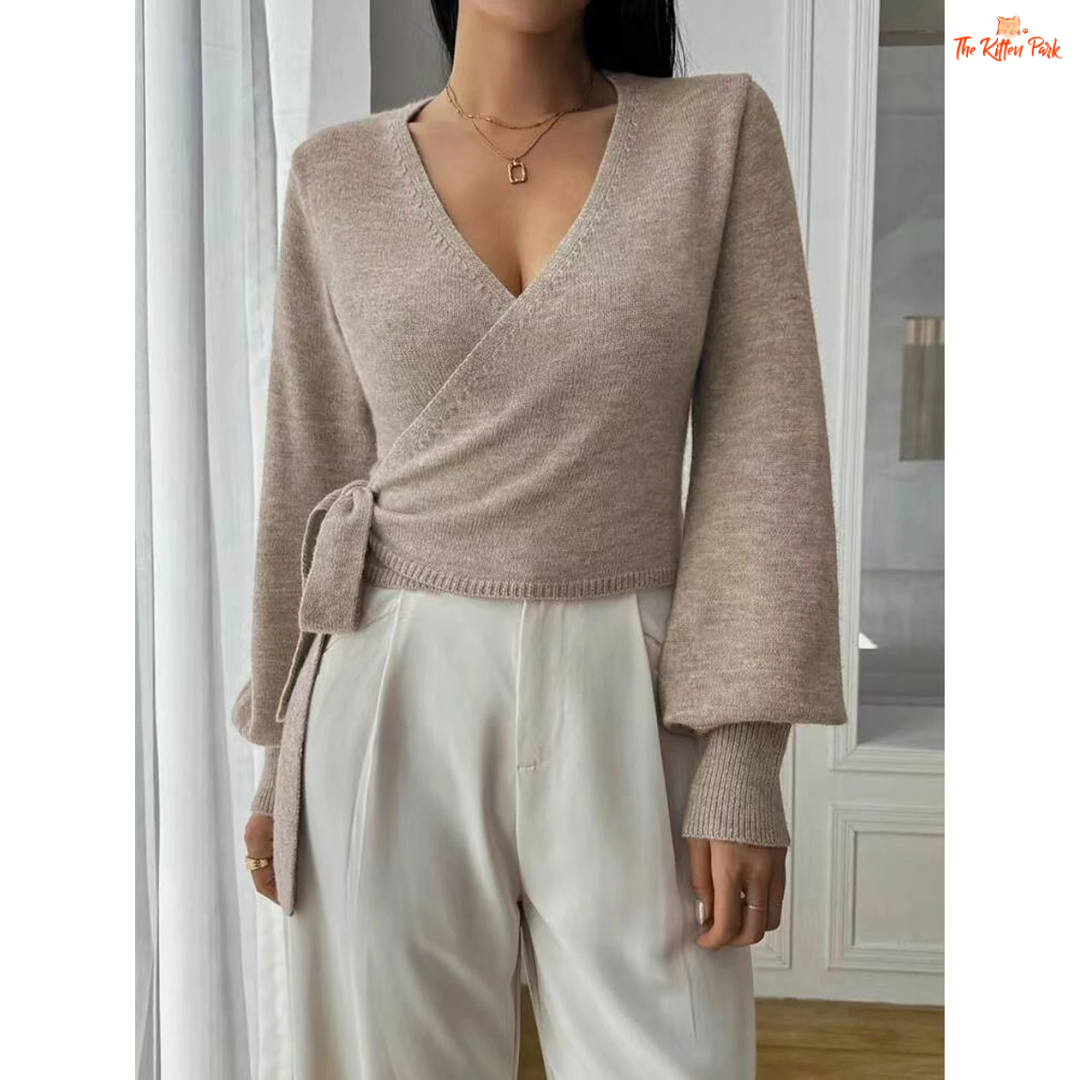 Women’s V-neck lace-up knitted cardigan sweater featuring a short fit, open stitch design, and khaki knit fabric for cozy autumn-winter wear.