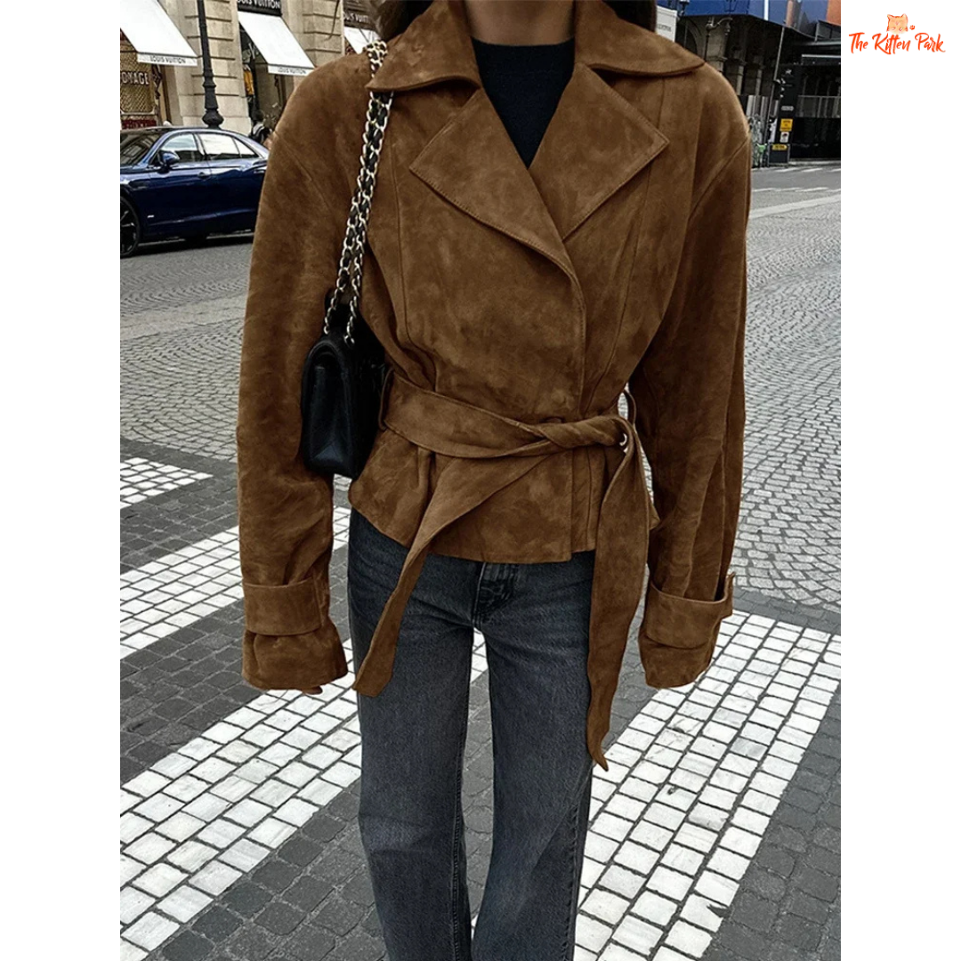 Women's retro light brown suede lace-up jacket with elegant lapel, long sleeves, and belted closure. Perfect for casual autumn/winter style.