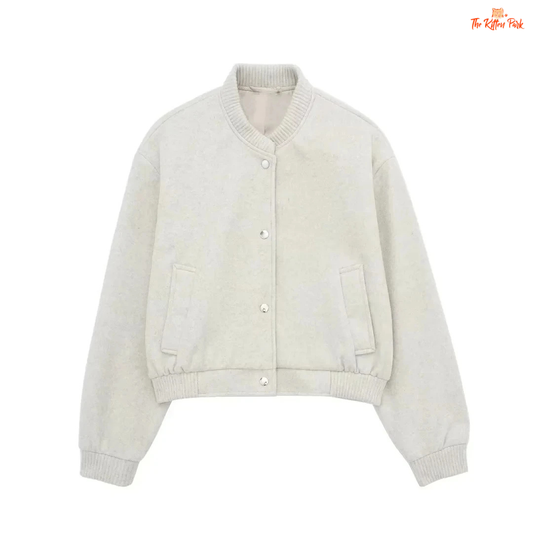 Vintage cropped bomber jacket for women, soft wool short coat with buttons and pockets, casual autumn winter fashion style.