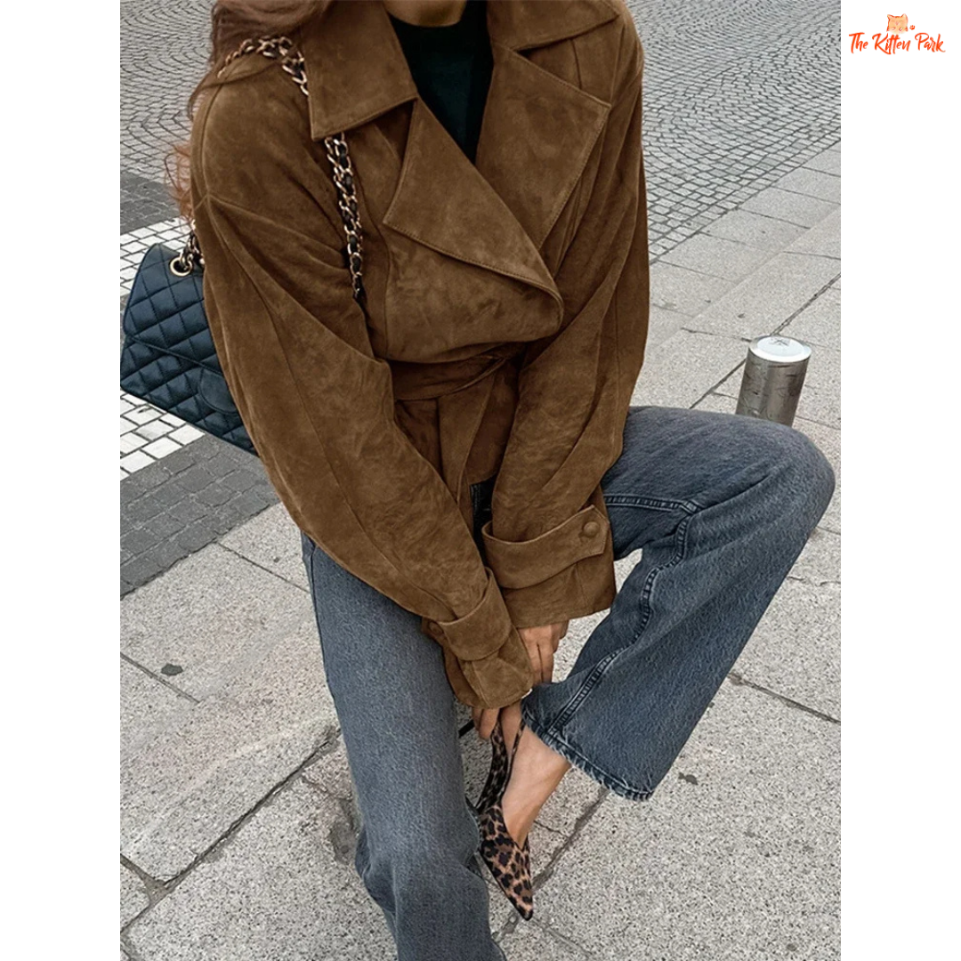 Women's retro light brown suede lace-up jacket with elegant lapel, long sleeves, and belted closure. Perfect for casual autumn/winter style.