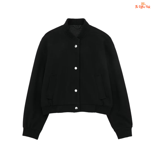 Vintage cropped bomber jacket for women, soft wool short coat with buttons and pockets, casual autumn winter fashion style.