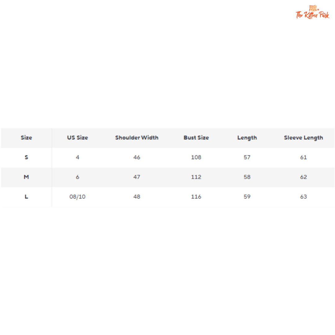 Size chart for clothing with shoulder width, bust size, length, and sleeve length measurements.