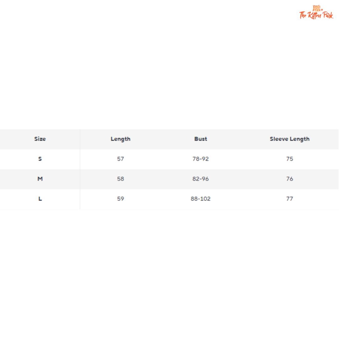 Size chart for clothing with measurements in centimeters