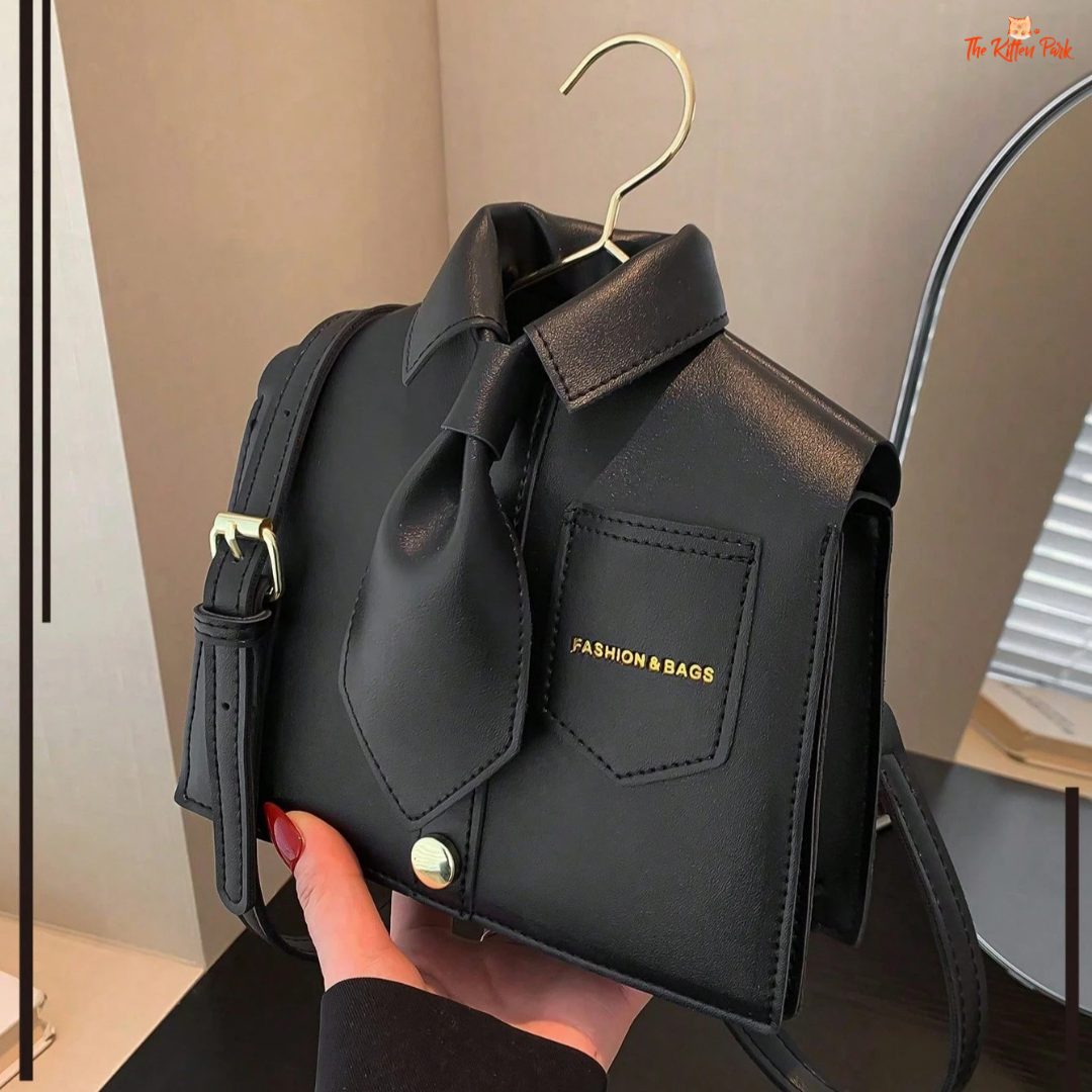 Black collar-shaped women's crossbody bag with a flip cover and bucket-style design, made from PU material for a playful, modern accessory look.