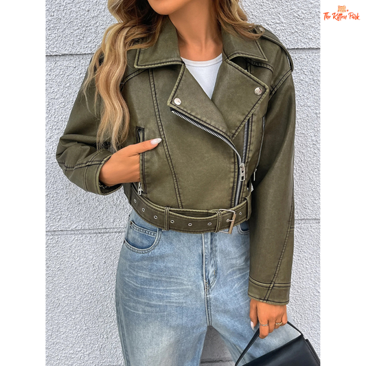 A women’s cropped faux leather motorcycle jacket with zip closure, drop-shoulder sleeves, and moto-inspired biker style.