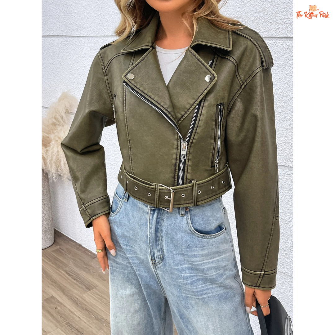 A women’s cropped faux leather motorcycle jacket with zip closure, drop-shoulder sleeves, and moto-inspired biker style.