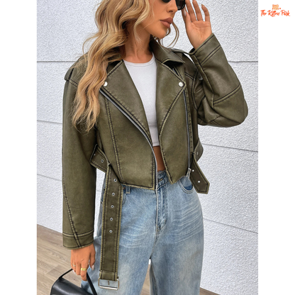 A women’s cropped faux leather motorcycle jacket with zip closure, drop-shoulder sleeves, and moto-inspired biker style.