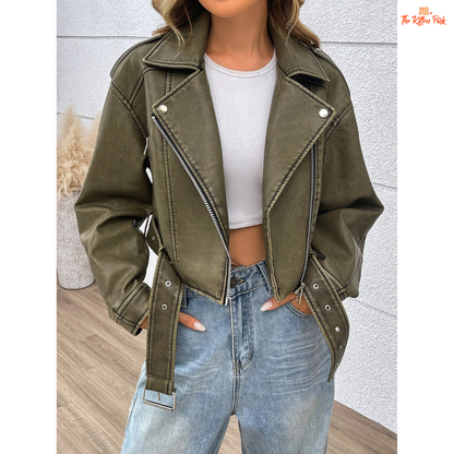 A women’s cropped faux leather motorcycle jacket with zip closure, drop-shoulder sleeves, and moto-inspired biker style.