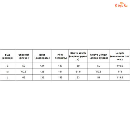 Measurement chart for clothing sizes S, M, and L with various dimensions.