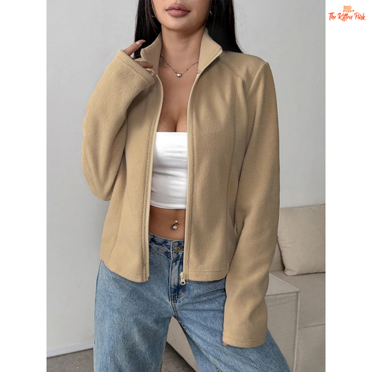 Warm turn-down collar streetwear zipper coat for women in cream color, thick tatting fabric with regular fit and stylish button details for autumn.