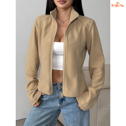 Warm turn-down collar streetwear zipper coat for women in cream color, thick tatting fabric with regular fit and stylish button details for autumn.