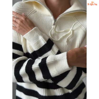 Winter Striped Half Zip Sweater for Women in soft off-white background, featuring loose fit, striped knit pattern, and cozy lapel collar pullover design.