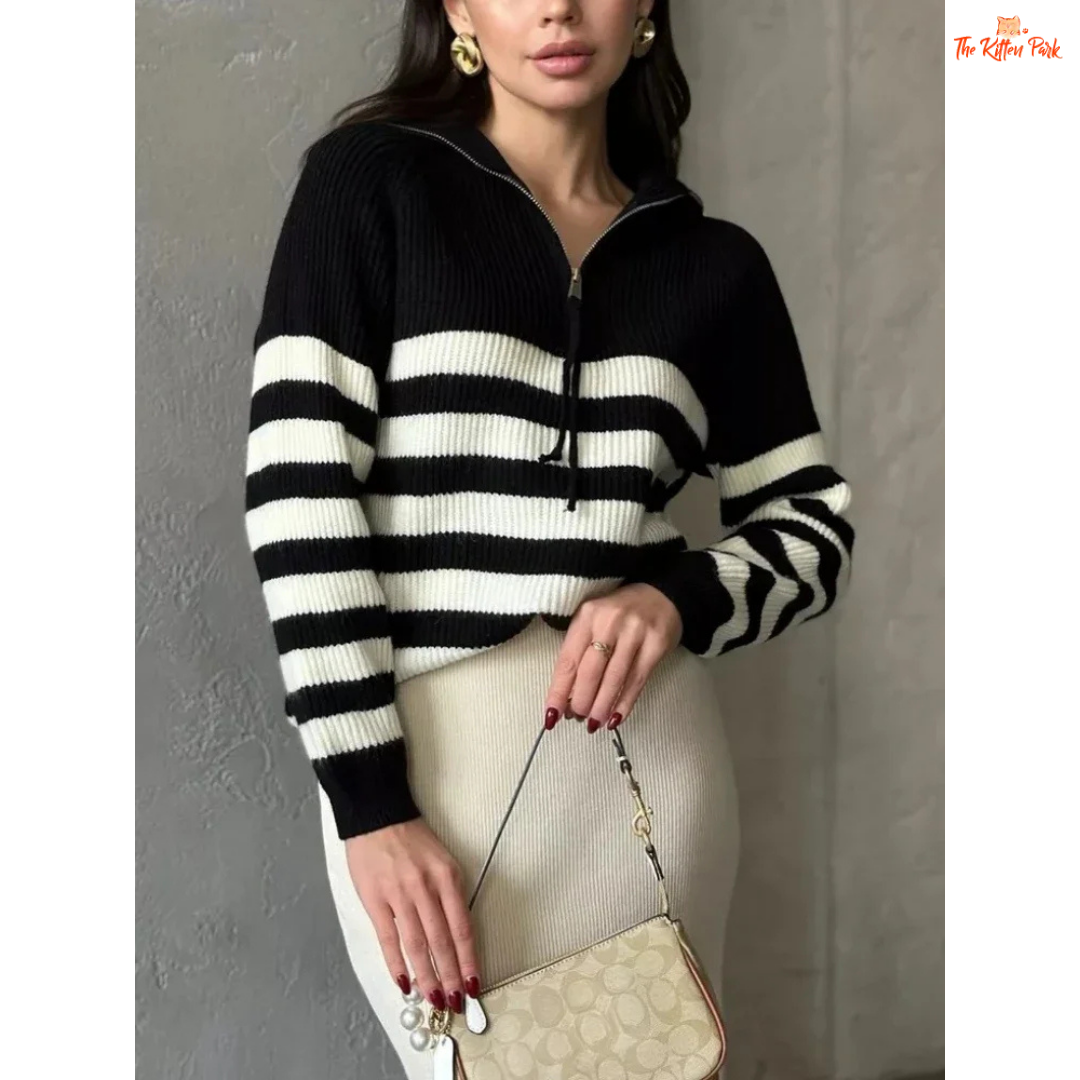 Winter Striped Half Zip Sweater for Women in soft off-white background, featuring loose fit, striped knit pattern, and cozy lapel collar pullover design.