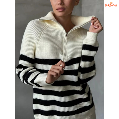 Winter Striped Half Zip Sweater for Women in soft off-white background, featuring loose fit, striped knit pattern, and cozy lapel collar pullover design.