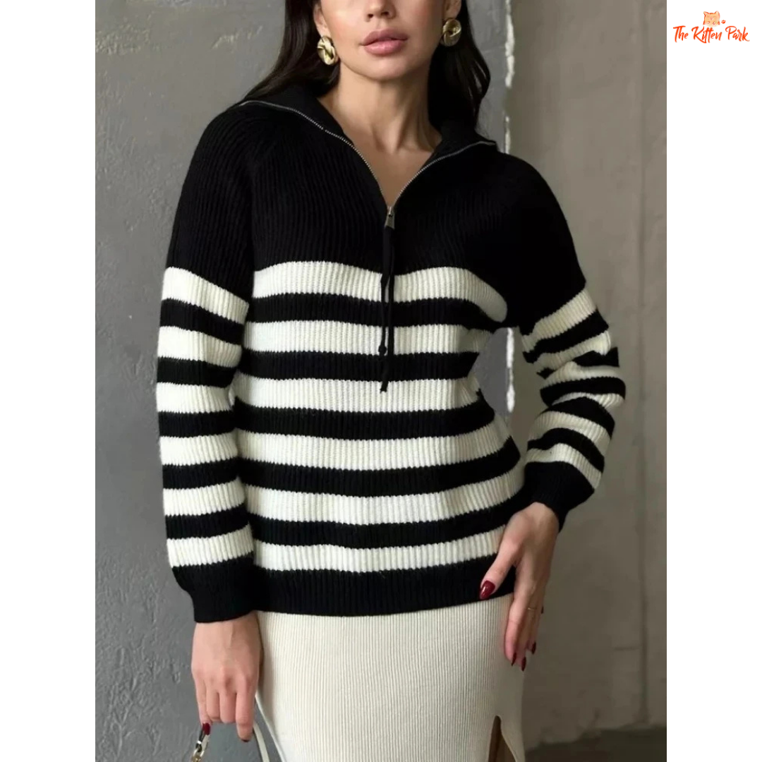 Winter Striped Half Zip Sweater for Women in soft off-white background, featuring loose fit, striped knit pattern, and cozy lapel collar pullover design.
