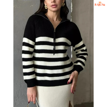 Winter Striped Half Zip Sweater for Women in soft off-white background, featuring loose fit, striped knit pattern, and cozy lapel collar pullover design.