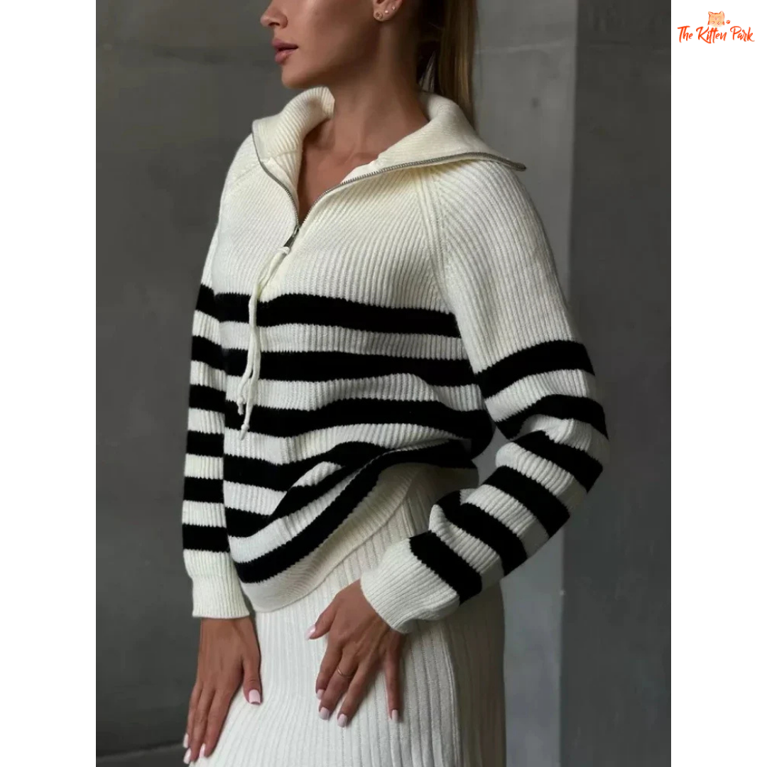 Winter Striped Half Zip Sweater for Women in soft off-white background, featuring loose fit, striped knit pattern, and cozy lapel collar pullover design.