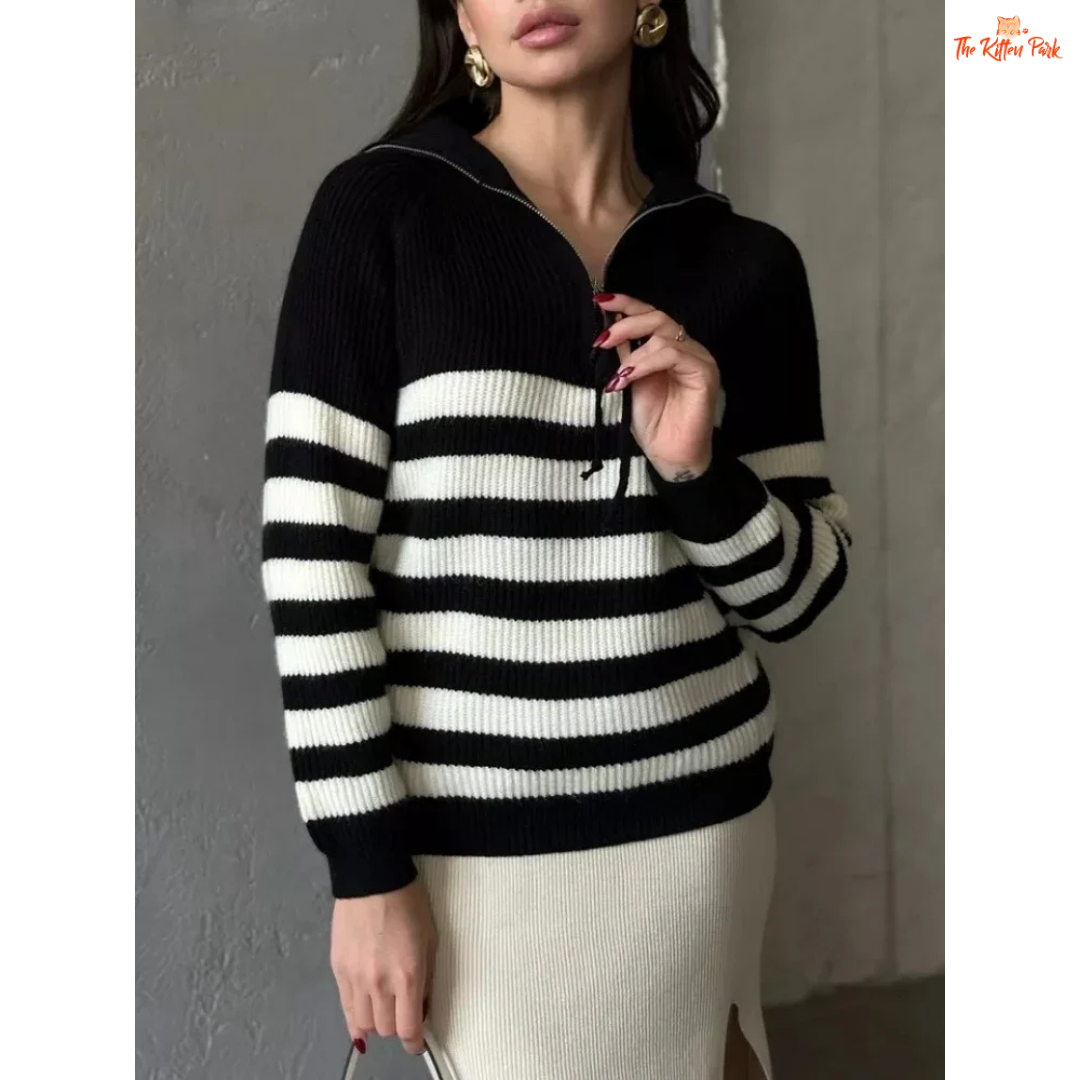 Winter Striped Half Zip Sweater for Women in soft off-white background, featuring loose fit, striped knit pattern, and cozy lapel collar pullover design.