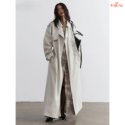 Women Beige Casual Trench Coat Big Size Long Lapel Windbreaker 2026 Spring Autumn with slim fit, lapel collar, pockets, and single-breasted design.