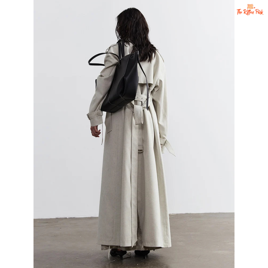 Women Beige Casual Trench Coat Big Size Long Lapel Windbreaker 2026 Spring Autumn with slim fit, lapel collar, pockets, and single-breasted design.